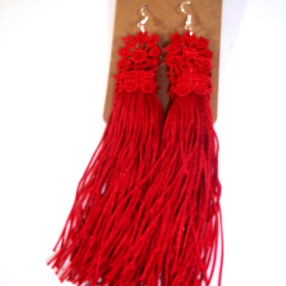 Red Lace Tassel Earrings, Red Earrings, Long Red Earrings, Sexy Red Earrings - Picture 3 of 5